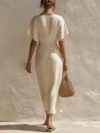 Cream Linen-Blend Twist-Front V-Neck Flutter Sleeve Midi Dress