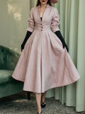 Midi Linen Dress, Long Sleeves, V Neck, Plain, Button Design, French Vintage, Light Pink
