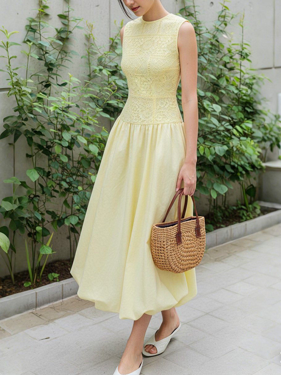 Midi Cotton Dress, Sleeveless, Round Neck, Plain, Lace, French Vintage, Light Yellow