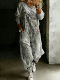 Women’s Wild Flower Print Casual One Piece Denim Jumpsuit