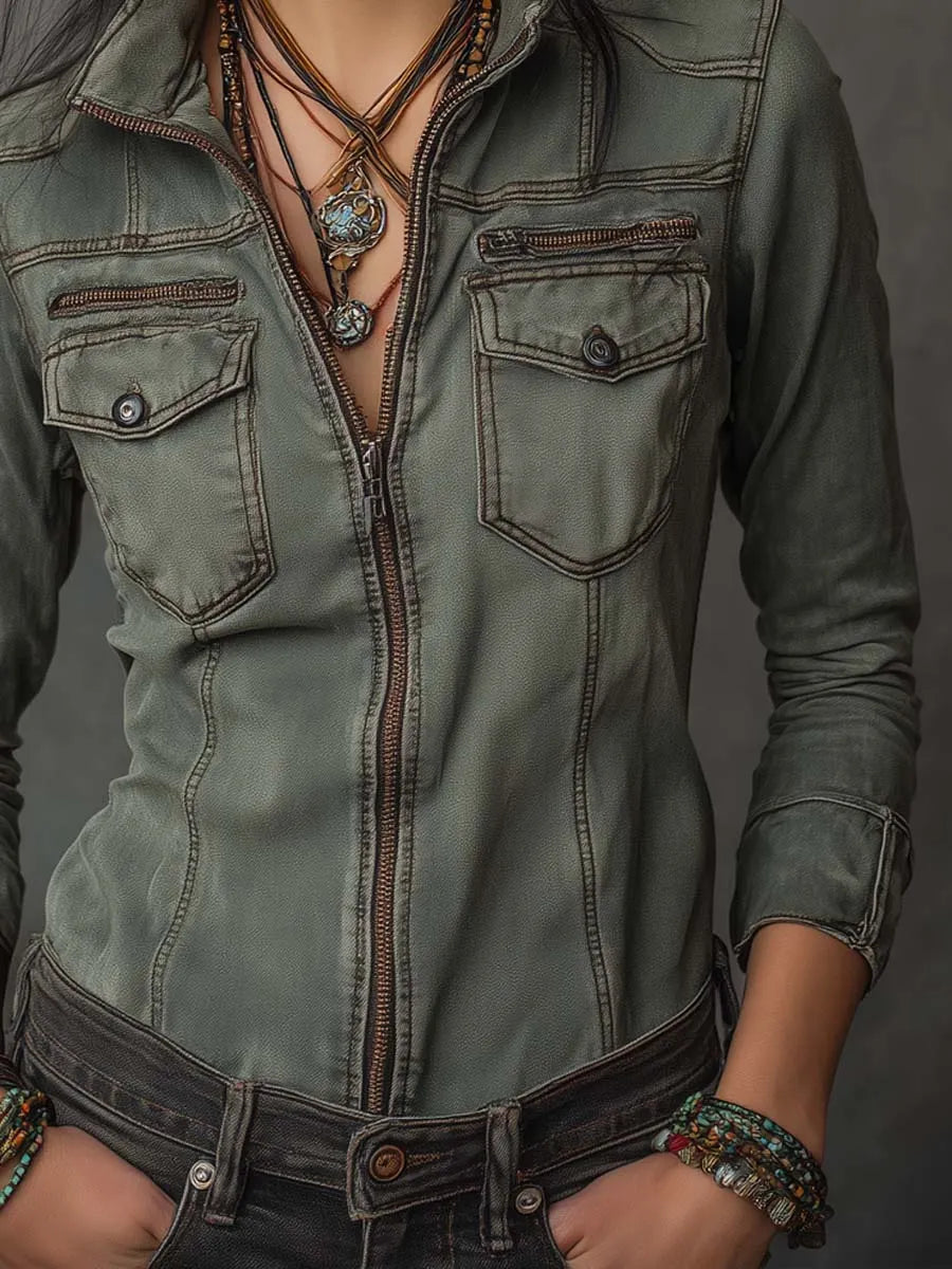Retro Washed Contrast Zipper Denim Blouse