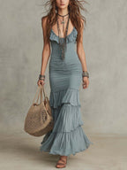 Vintage Ruffle Trim And Ruched Chiffon Midi Dress
