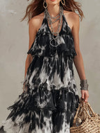 Black And White Tie-dye Halter Neck Layered Ruffle Long Dress