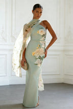Light Green Floral Classic One Shoulder Sleeveless Sheath Maxi Dress