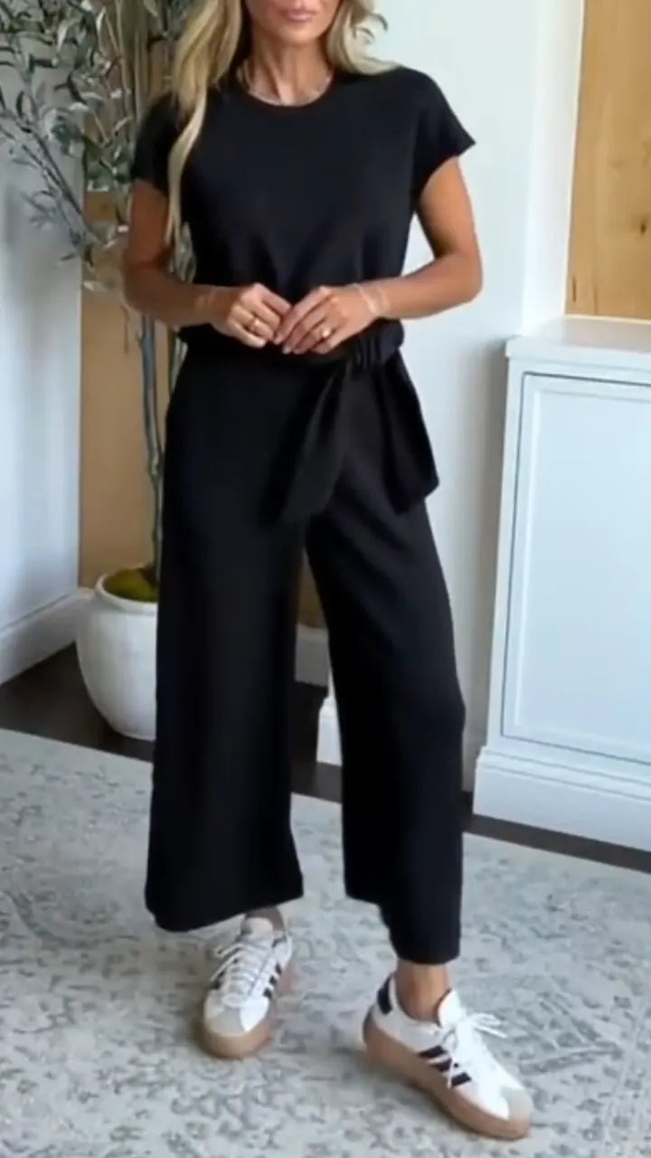 Short Sleeve Tie Waist Cropped Wide Leg Jumpsuit