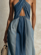 Blue Denim Halter Neck Cutout Color Block Maxi Dress