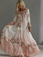 Women's Vintage Floral Embroidery Art Print Flowy Linen Blend Maxi Dress