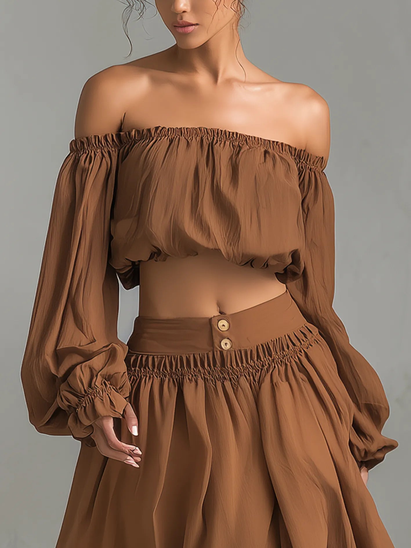 Brown Off Shoulder Two-Piece Set With Lace Trim And Front Slit