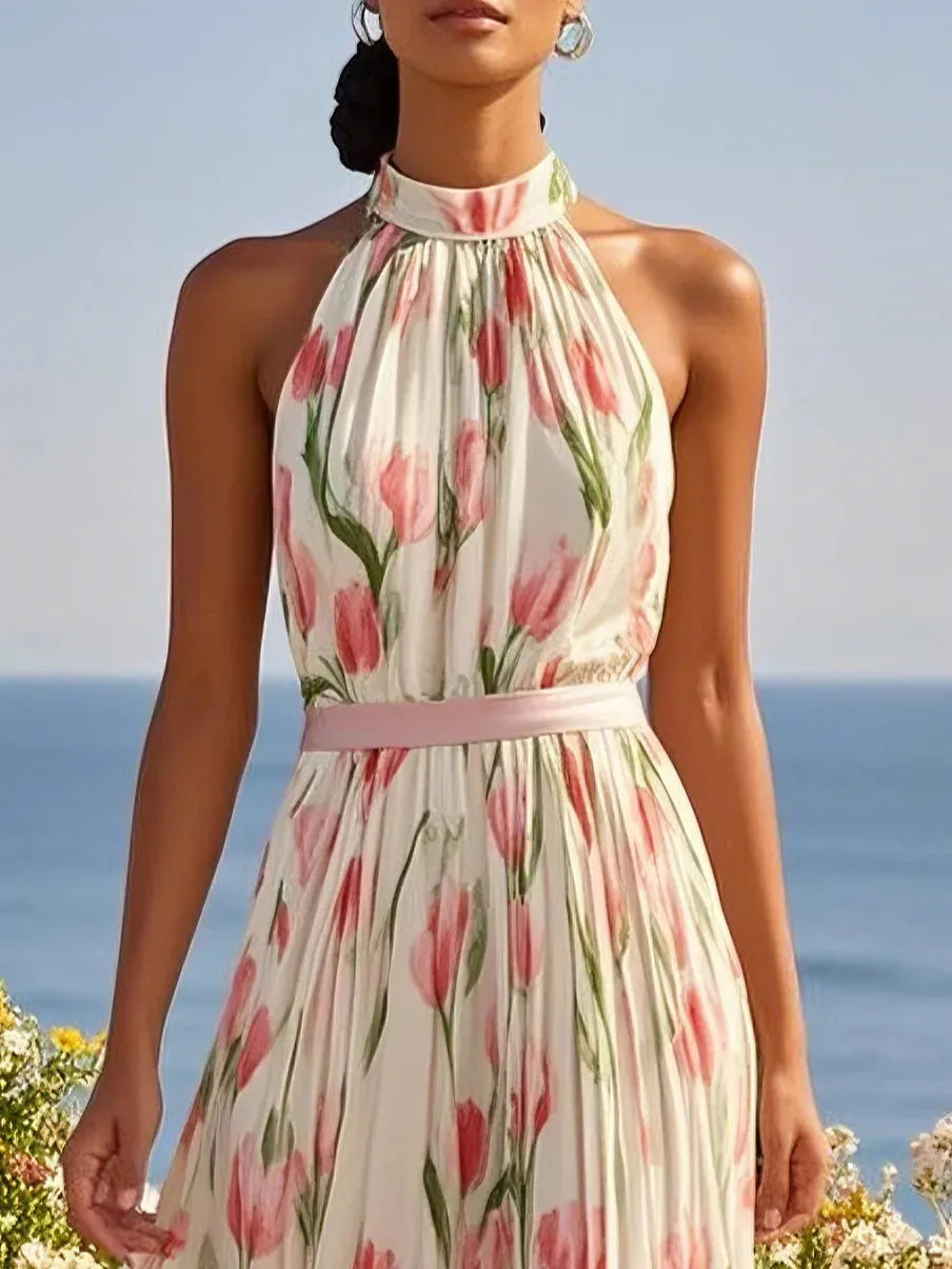 Pink Floral Chiffon Halter Sleeveless A-Line Maxi Dress