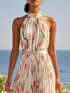 Pink Floral Chiffon Halter Sleeveless A-Line Maxi Dress