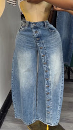 Button Front Wide Leg Denim Pants