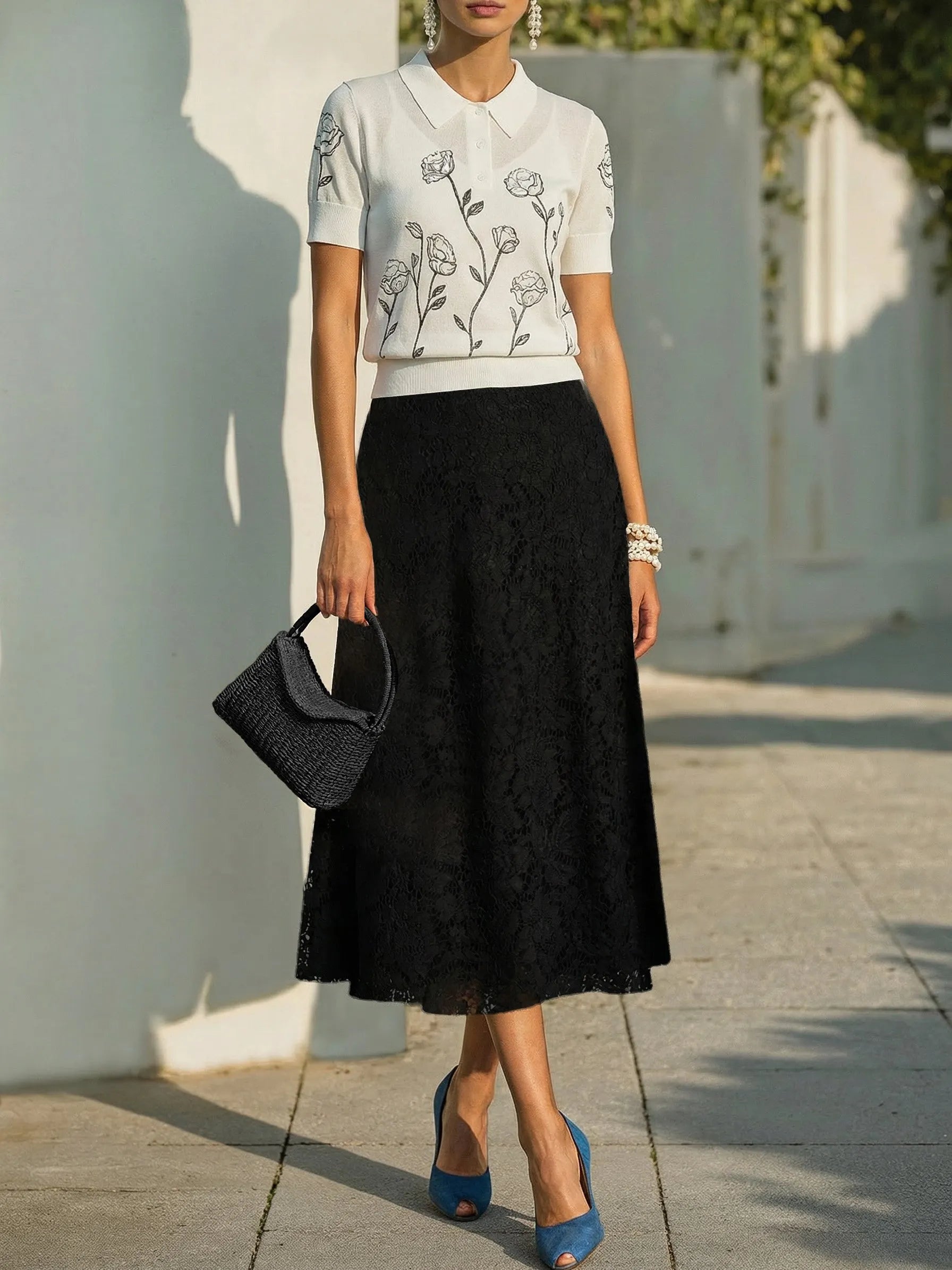 Sweater, Short Sleeves, Shawl Collar, Floral, Button Design, Inner Vest Not Included, White