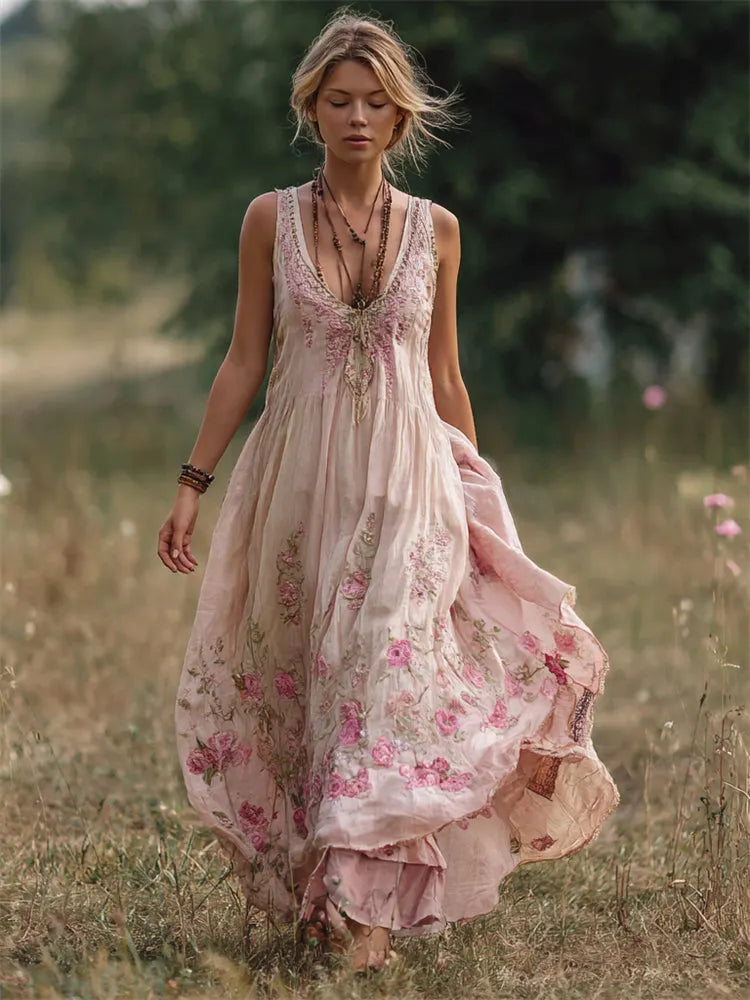 Boho Pink Roses Embroidered Flowy Linen Maxi Tank Dress