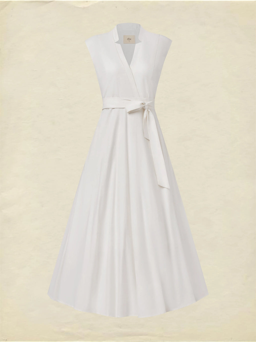 Midi Linen Dress , Sleeveless, V Neck, Plain, Belt Design, Vintage, White