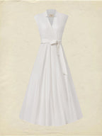 Midi Linen Dress , Sleeveless, V Neck, Plain, Belt Design, Vintage, White