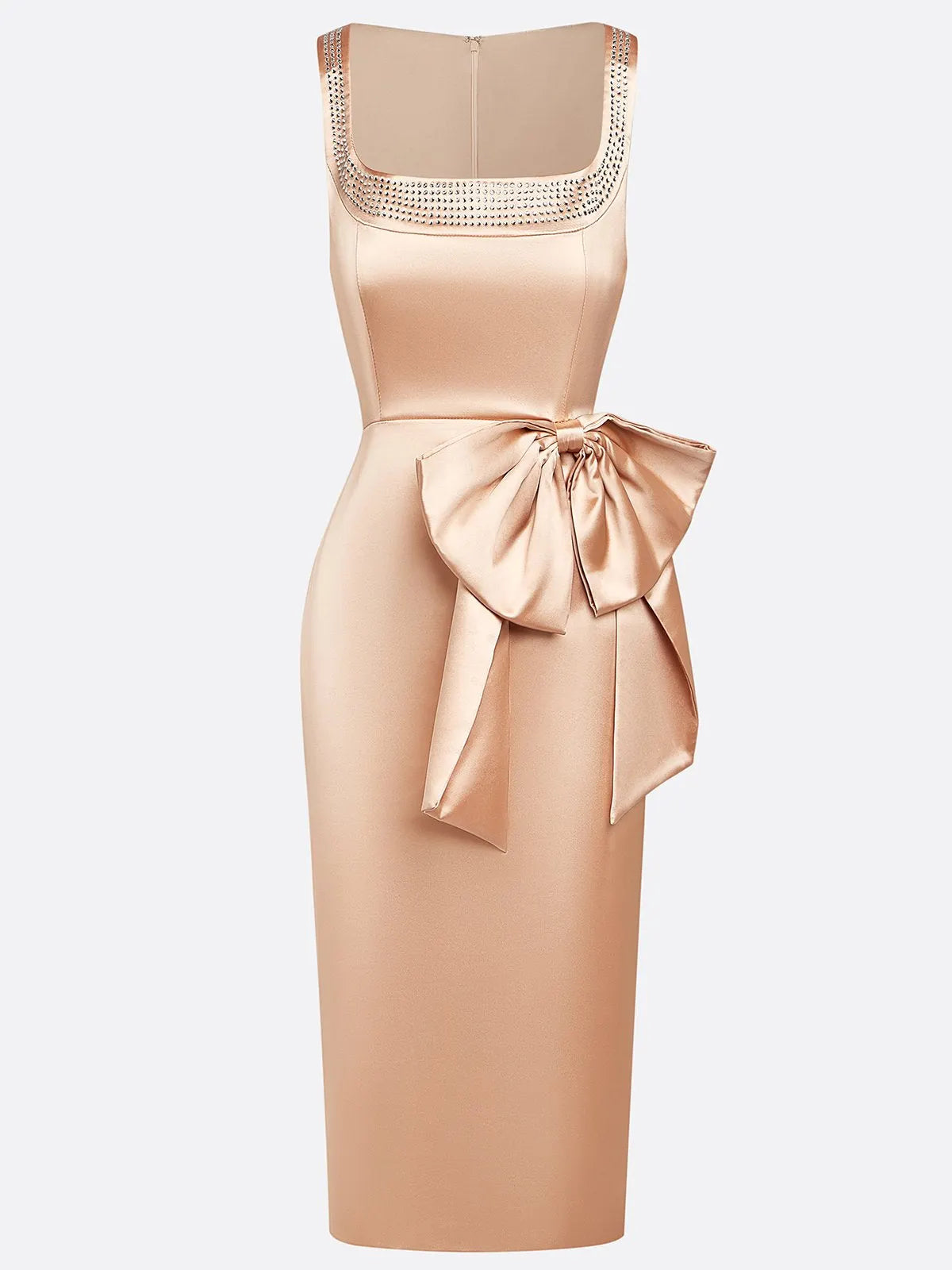 Champagne Hotfix Embellished Bow Satin Square Neck Sleeveless Sheath Midi Dress