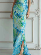 Blue Green Watercolor One-Shoulder Ruched Maxi Dress