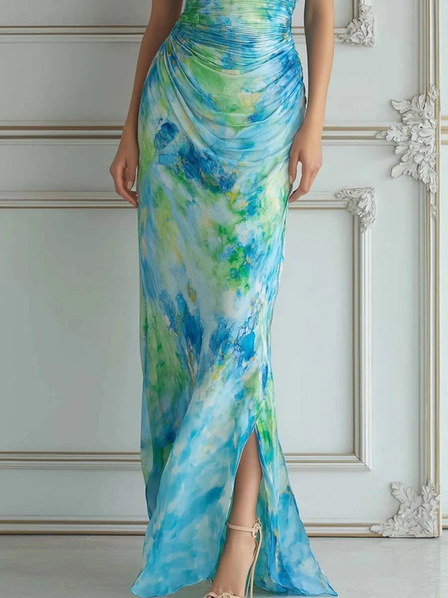 Blue Green Watercolor One-Shoulder Ruched Maxi Dress