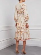 Apricot Floral Ruched Classic V Neck Long Sleeve Puff Sleeve A-Line Midi Dress