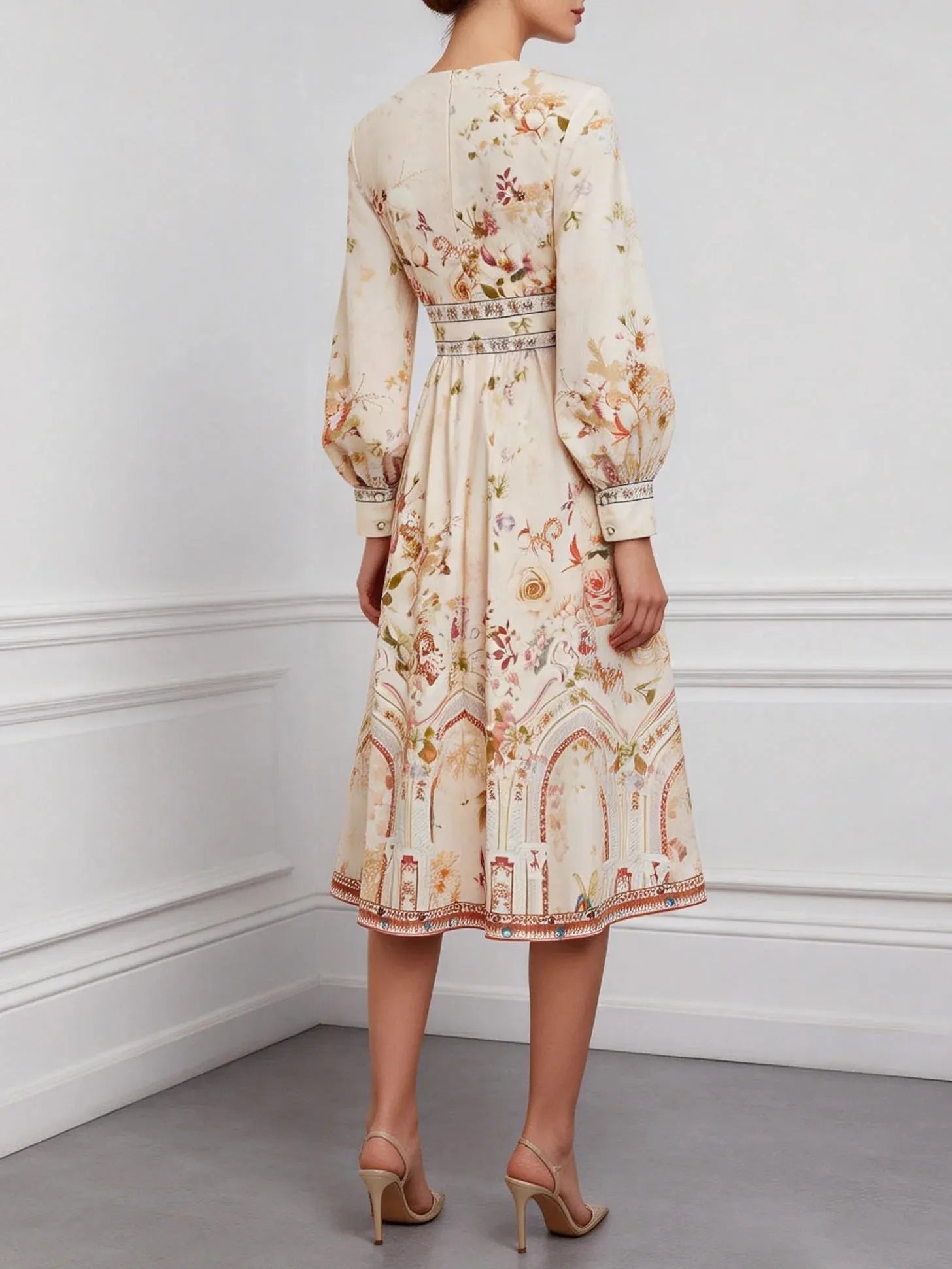 Apricot Floral Ruched Classic V Neck Long Sleeve Puff Sleeve A-Line Midi Dress