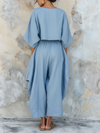 Light Blue Cotton Linen Two Piece Set - Loose Crop Top & Wide Leg Pants