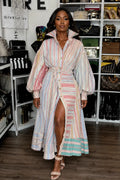 Rainbow Stripe Belted Balloon Sleeve Shirt Dress