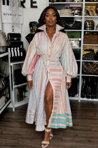 Rainbow Stripe Belted Balloon Sleeve Shirt Dress