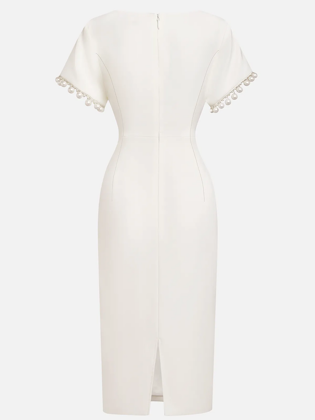 White Faux Pearl Knot Front Classic Boat Neck Short Sleeve Sheath Midi Dress