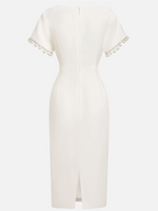 White Faux Pearl Knot Front Classic Boat Neck Short Sleeve Sheath Midi Dress
