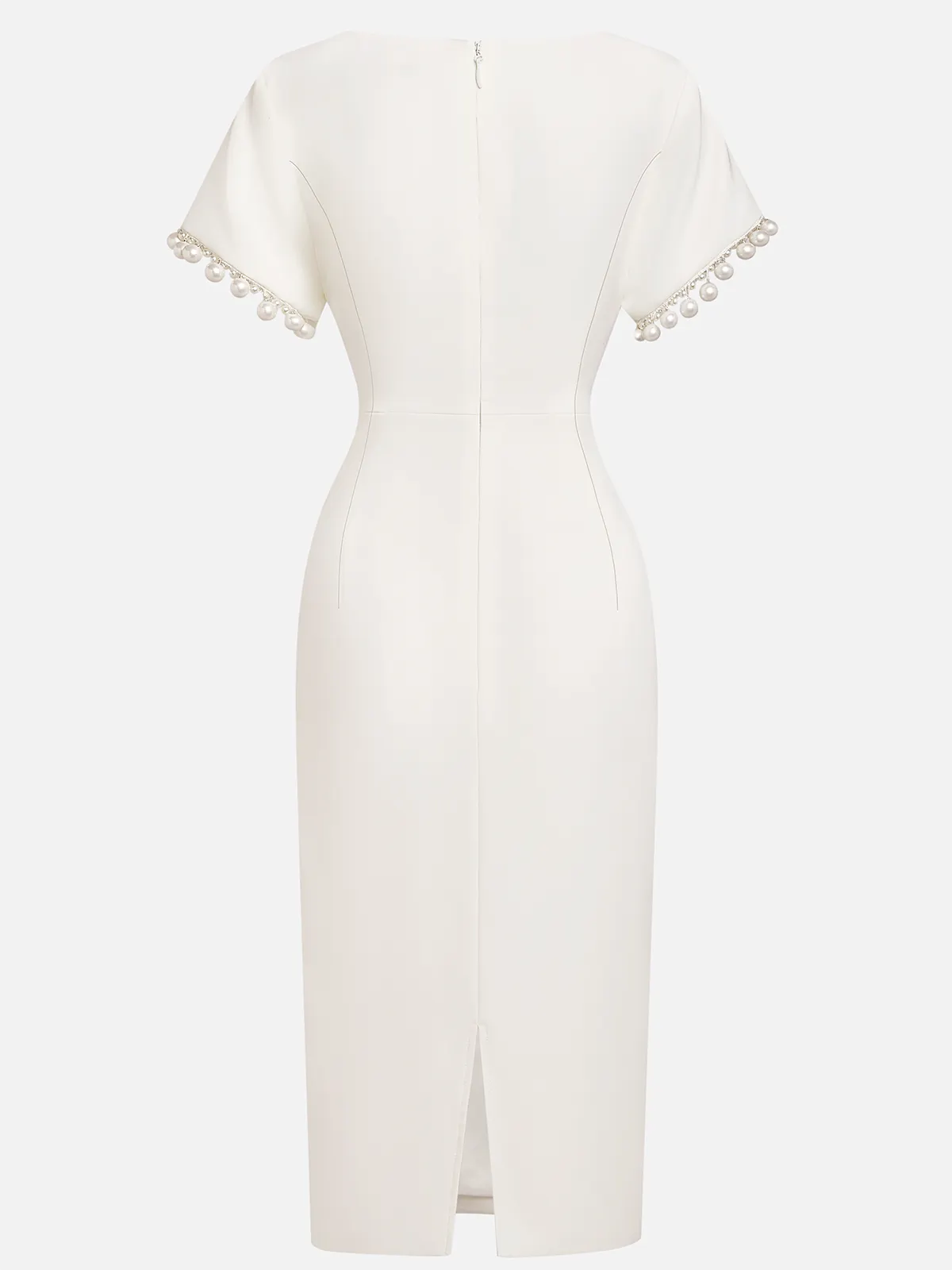 White Faux Pearl Knot Front Classic Boat Neck Short Sleeve Sheath Midi Dress