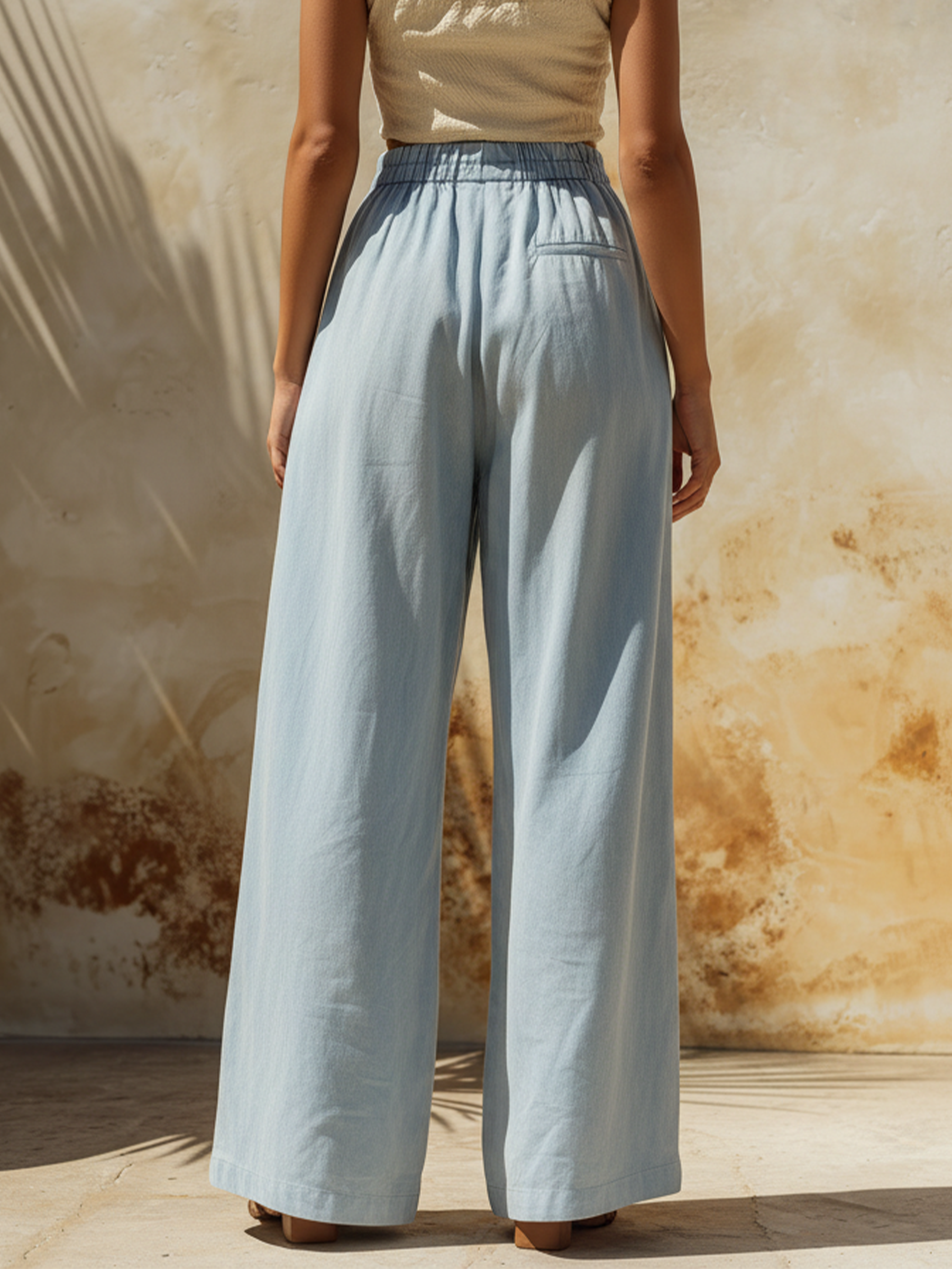 Light Wash Denim High-Waisted Wide-Leg Pants With Elastic Waist