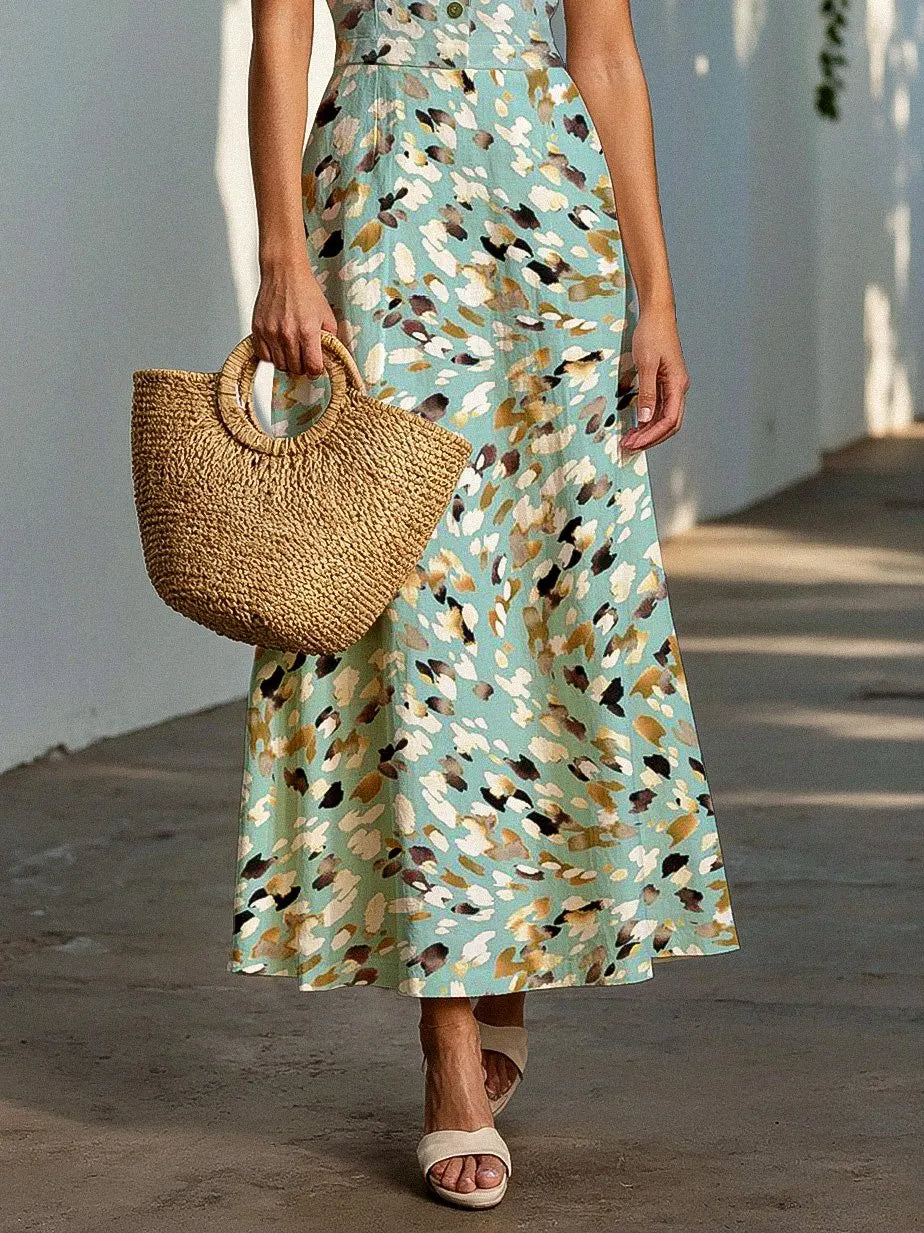 Maxi Linen Dress, Cap Sleeves, Shawl Collar, Leopard, Animal Print, Button Design, Vacation, Vintage, mint