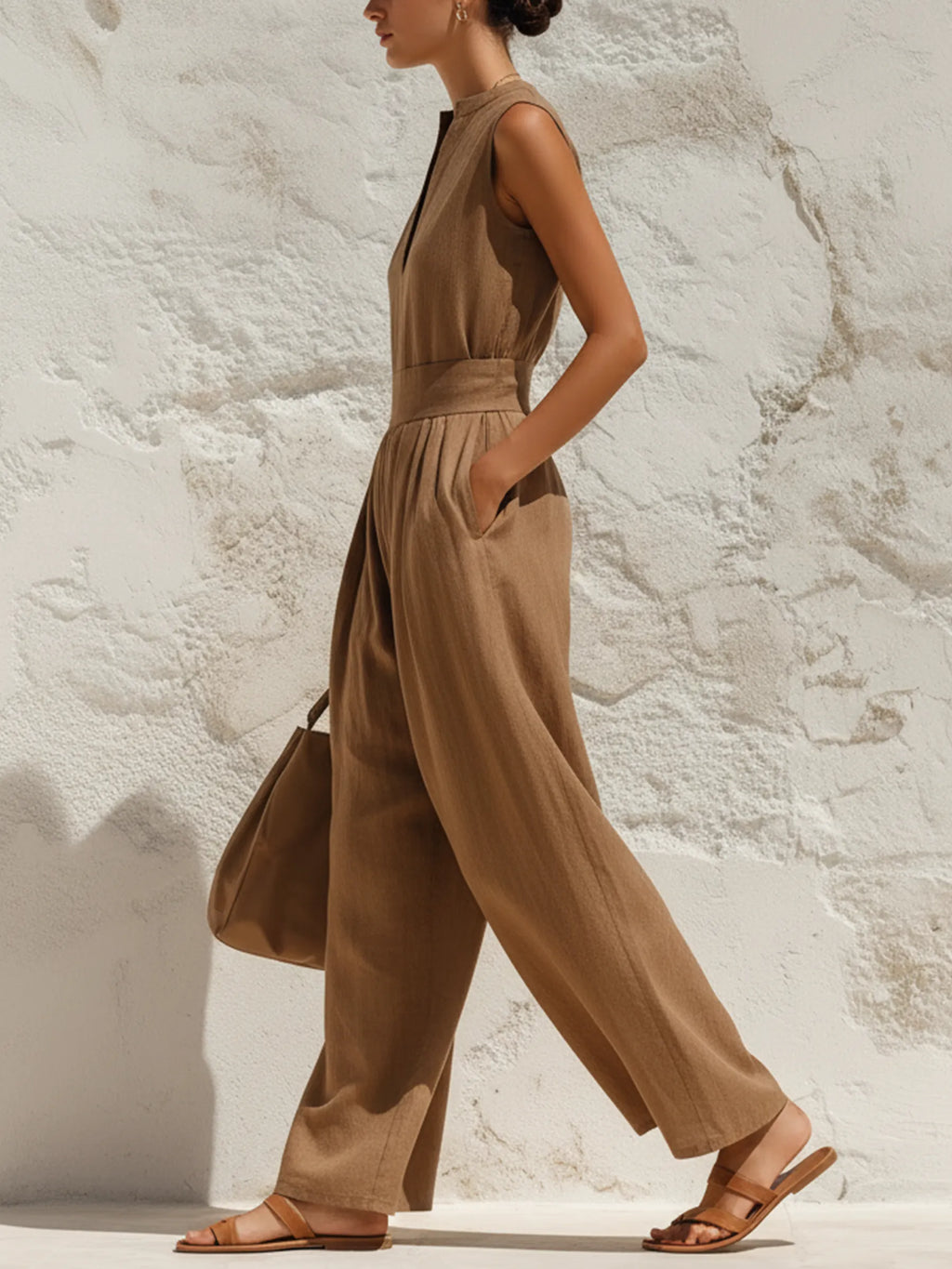 Brown Linen-Blend Sleeveless Wide-Leg Jumpsuit