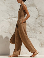 Brown Linen-Blend Sleeveless Wide-Leg Jumpsuit