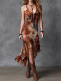 Boho Western Rust Tie-Dye Mesh Midi Dress
