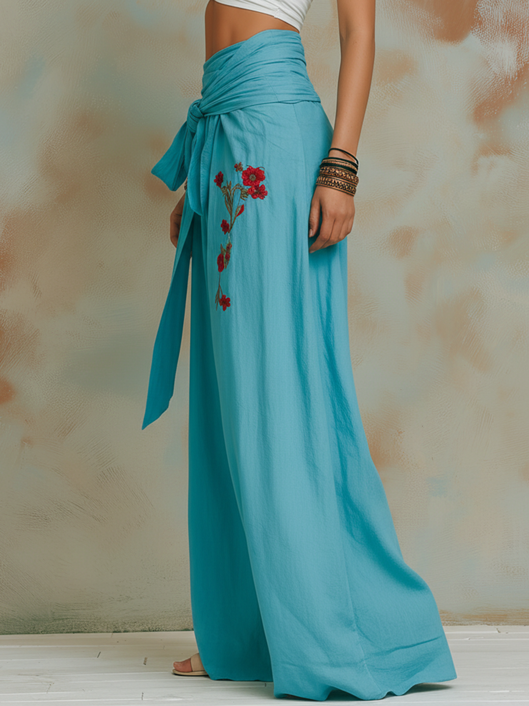 Turquoise Embroidered Wrap Waist Wide-Leg Palazzo Pants