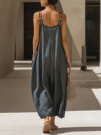 Double Strap V-Neck Chambray Jumpsuit With Pockets