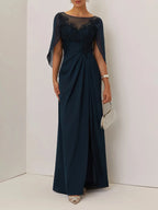 Purplish blue Lace Chiffon Boat Neck Short Sleeve A-Line Maxi Mother of the Bride or Groom Dress