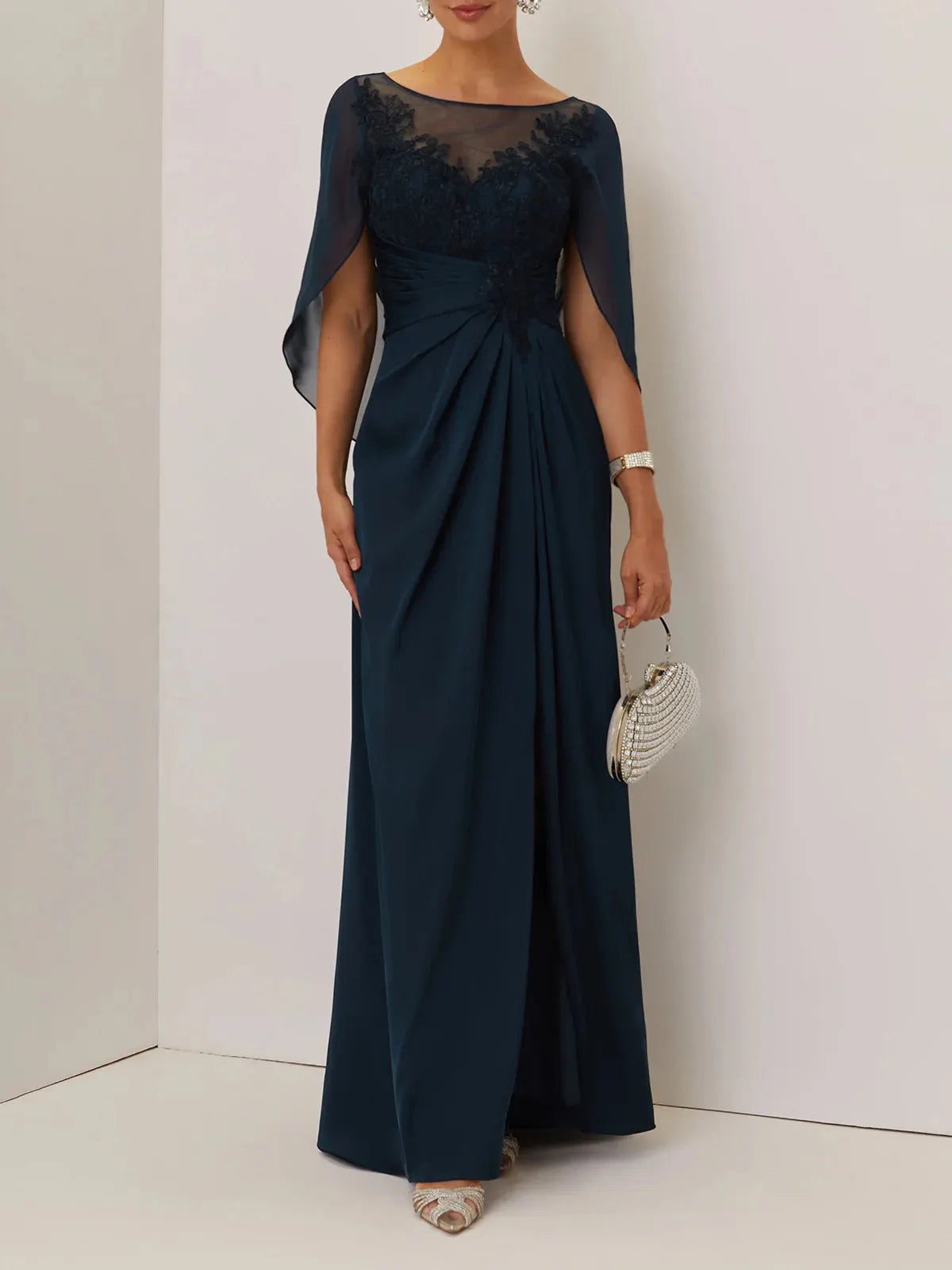 Purplish blue Lace Chiffon Boat Neck Short Sleeve A-Line Maxi Mother of the Bride or Groom Dress