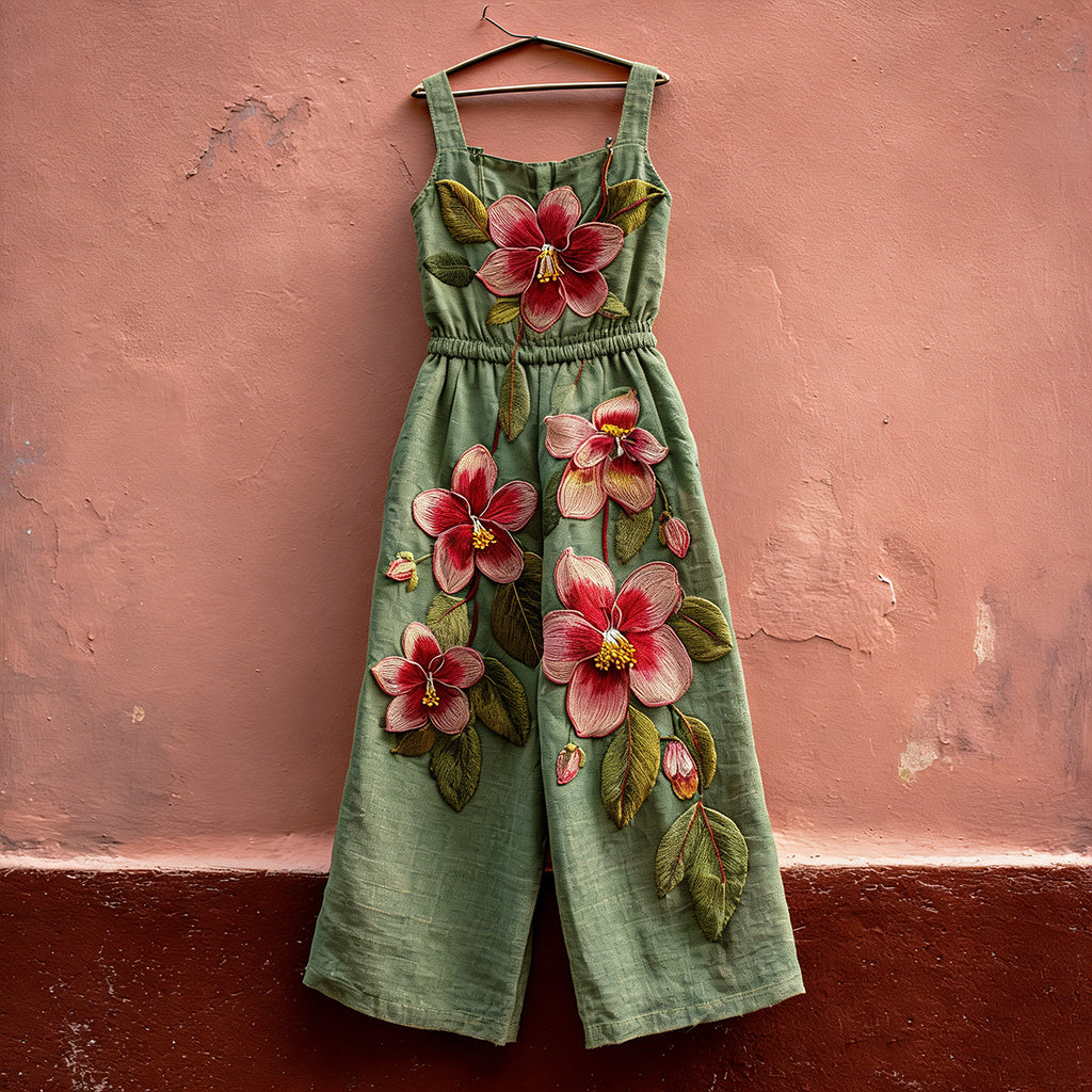 Women's Vintage Hibiscus Print Casual Linen-blend Jumpsuit