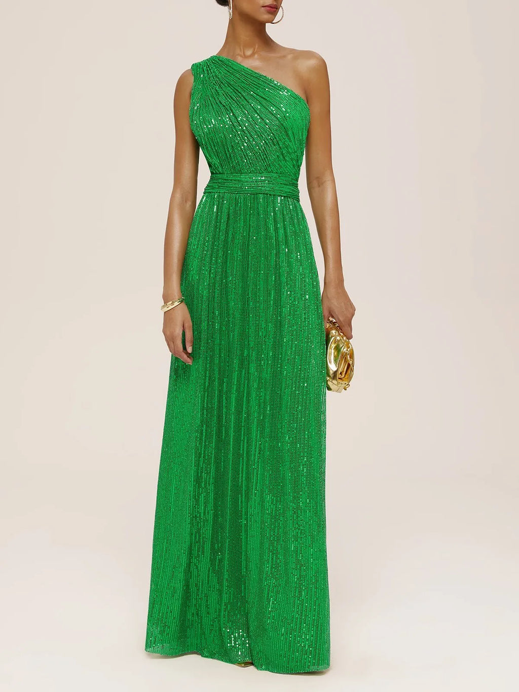 Green One Shoulder Sleeveless A-Line Gown  Sequin Dress