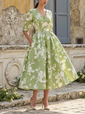 Midi Linen Dress , Half Sleeve, V Neck, Floral, Pocket Design, Vintage, Green