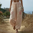 Bohemian Retro Pink Rose Women's Linen Casual Long Pants