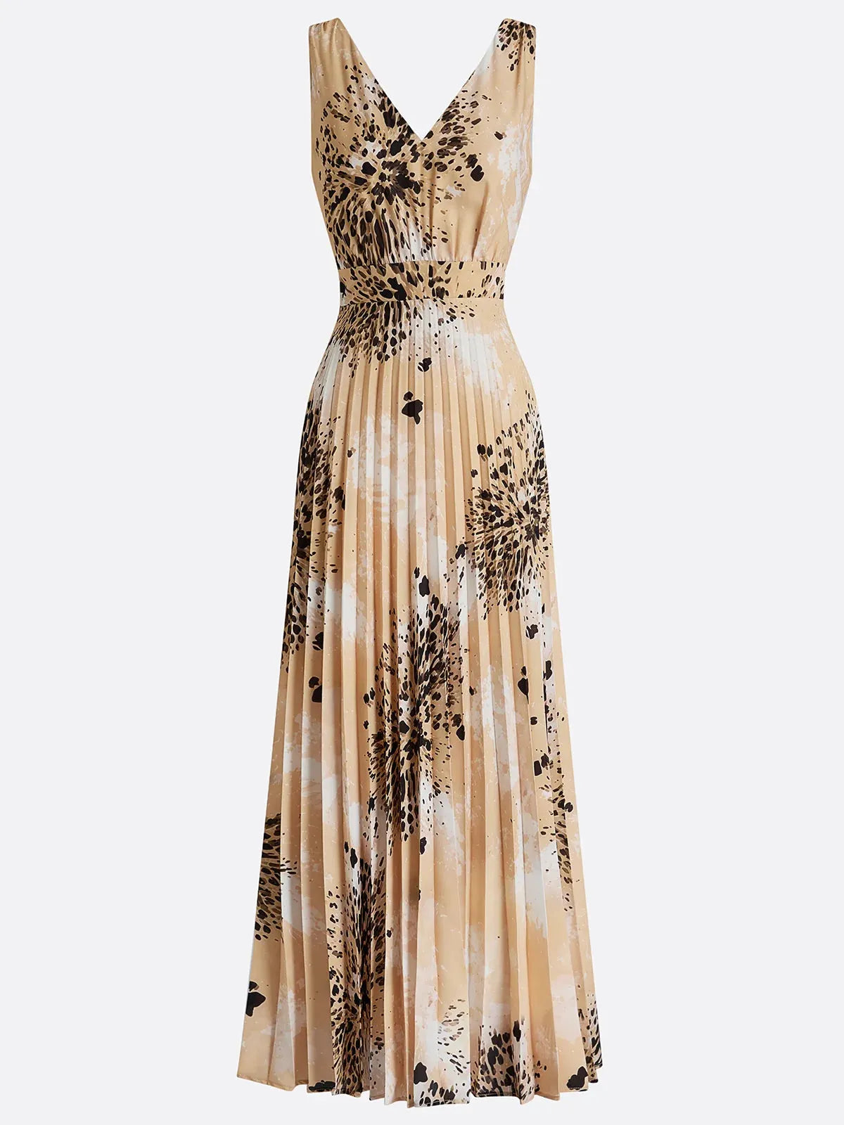 Apricot Pleated Floral Chiffon V Neck Sleeveless A-Line Maxi Dress