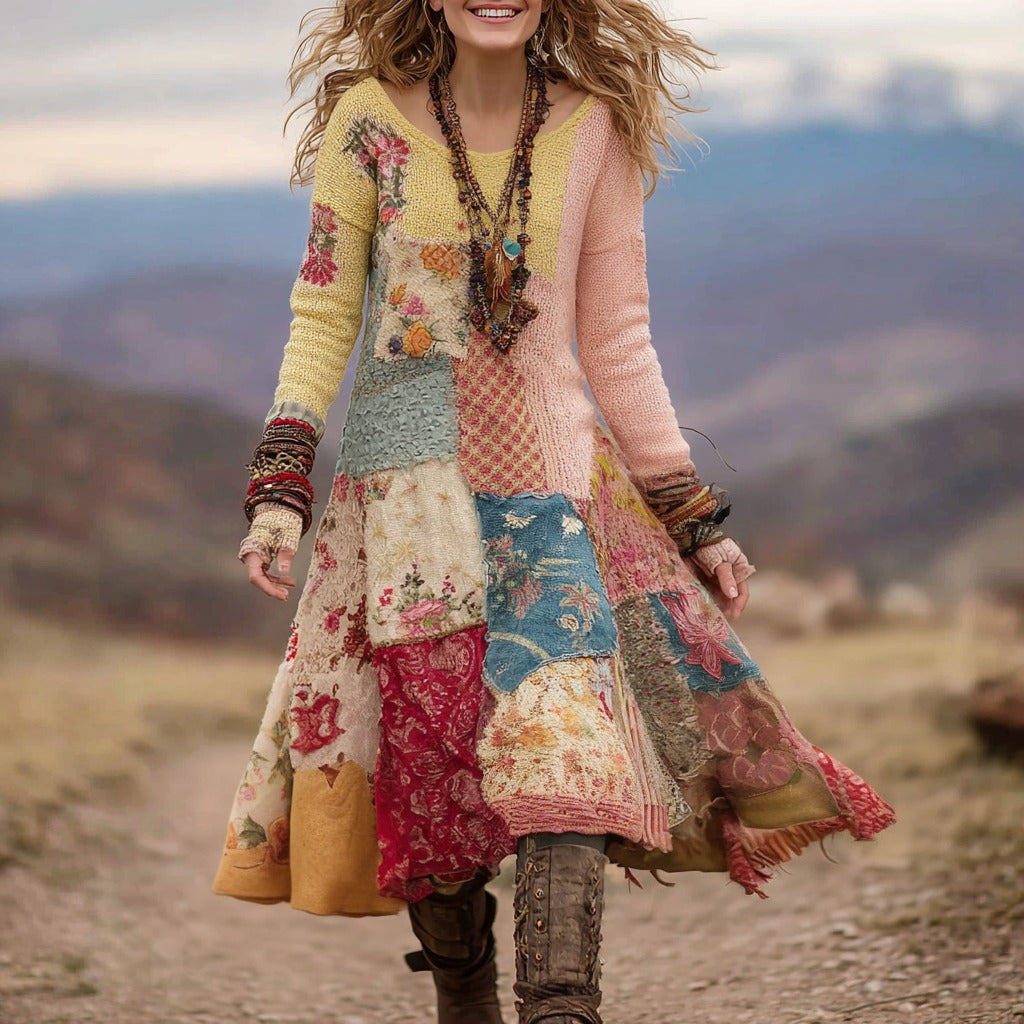 Women's Bohemian Floral Knitted Crew Neck Dress