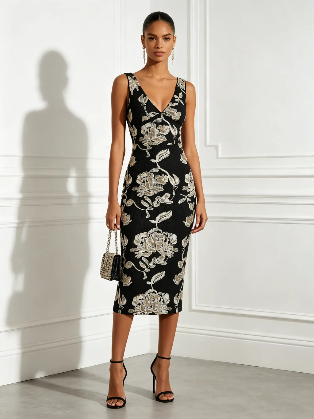 Black Jacquard Classic V Neck Sleeveless Sheath Midi Dress