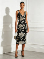 Black Jacquard Classic V Neck Sleeveless Sheath Midi Dress