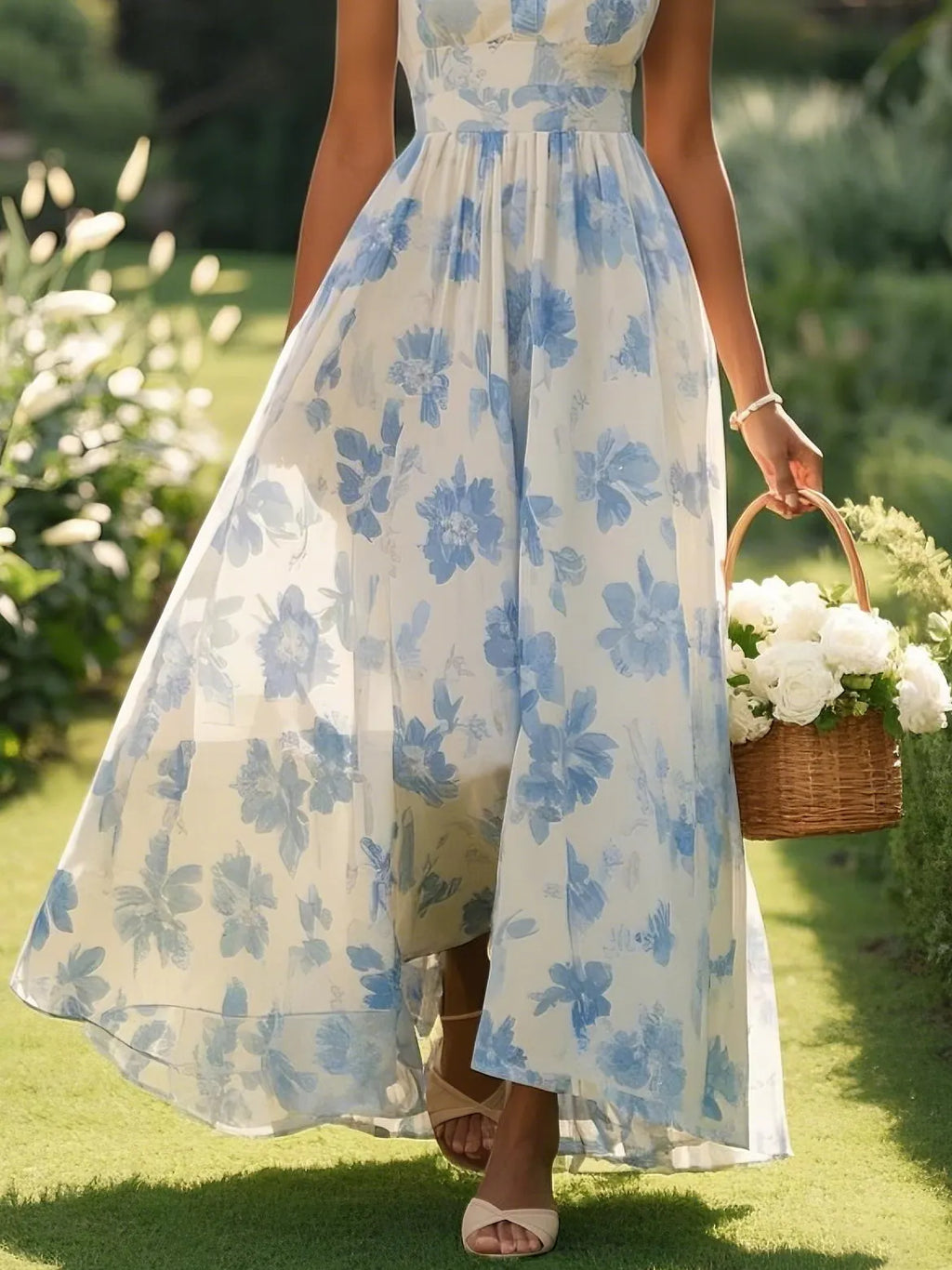 Light Blue Chiffon Floral V Neck Sleeveless A-Line Maxi Dress