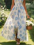 Light Blue Chiffon Floral V Neck Sleeveless A-Line Maxi Dress