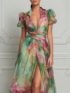 Watercolor Floral Print Puff Sleeve Split Chiffon Maxi Dress